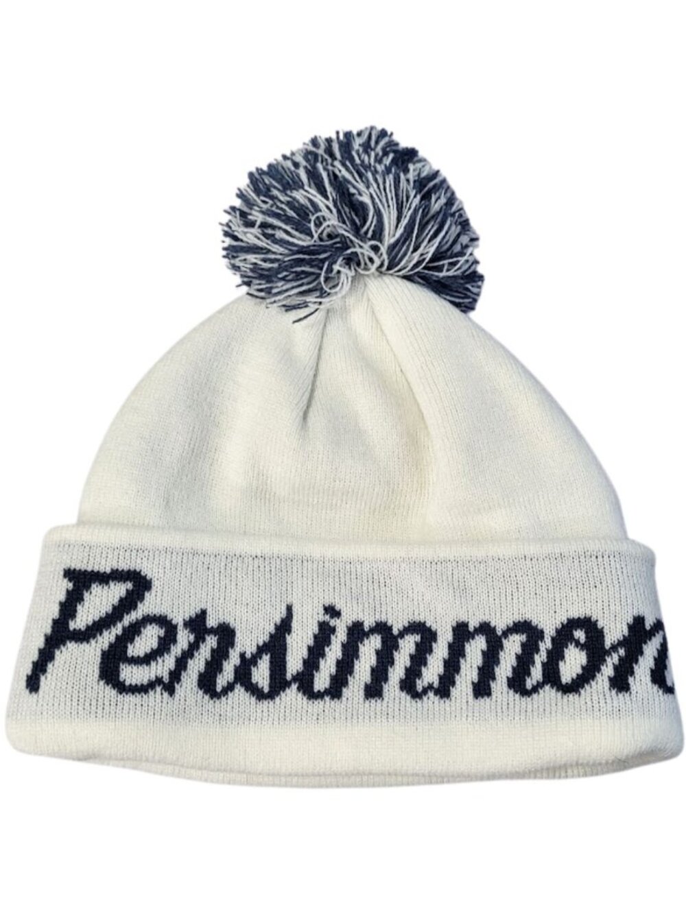 IMPERIAL 1916 White & Navy Persimmon Script Knit Pom-Pom Beanie Hat Unisex - OS